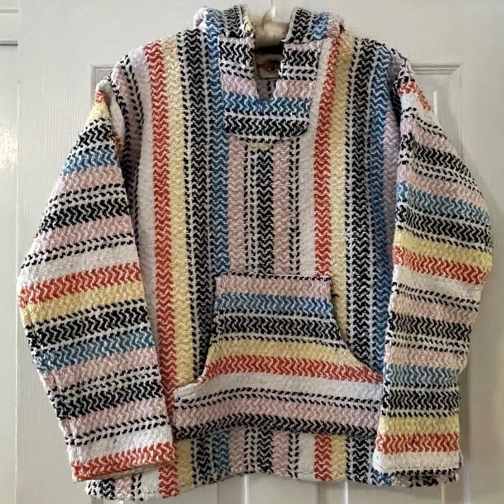 Earth Ragz Pastel Striped Baja Hoodie Mexican Jerga Sweater Pullover